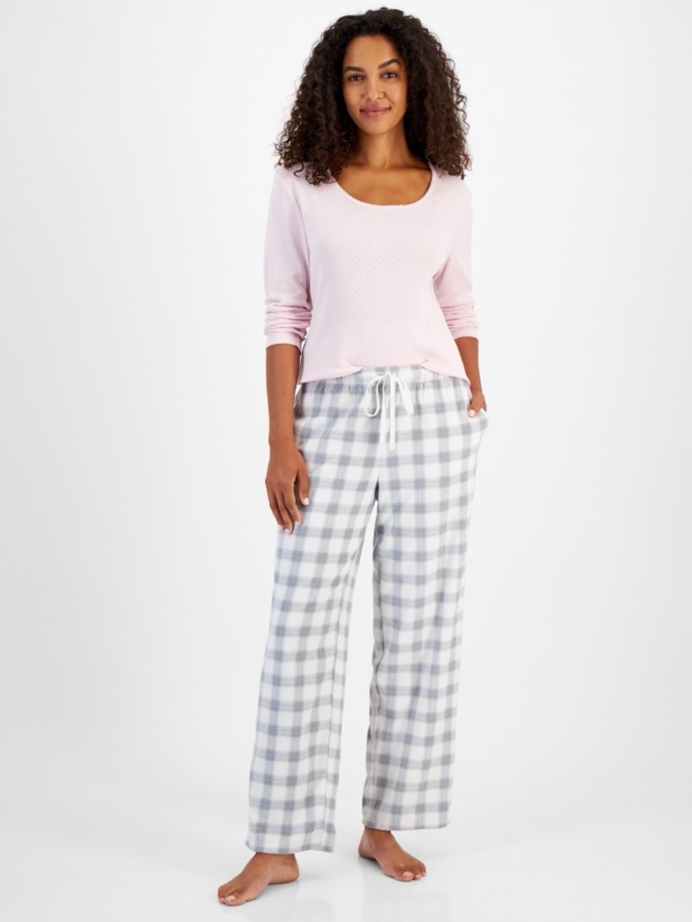 Charter Club Women's Printed Fleece Pajama Pants | Fuzzy Plaid Gry | Large